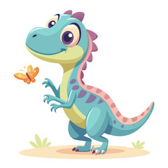 baby velociraptor playing with butterfly, cartoon dinosaur, pastel vector art, flat design, cute prehistoric creature