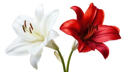 Fototapeta premium White and red lily flowers isolated on white background.