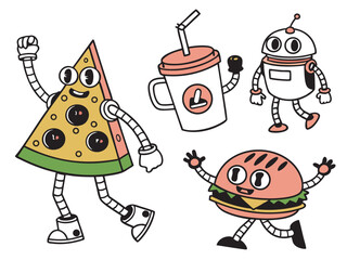 Fototapeta premium Cute Food and Robot Characters – Cartoon Pizza, Burger, Drink, and Bot with Arms and Legs