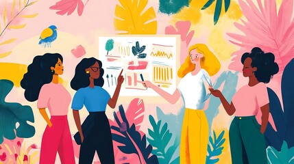 Multicultural female leaders pointing to a vision board and making future plans together