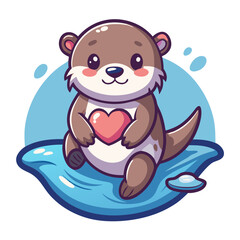 baby otter floating on water holding a heart-shaped rock, vector art, pastel blue tones, kawaii animal, minimal shading