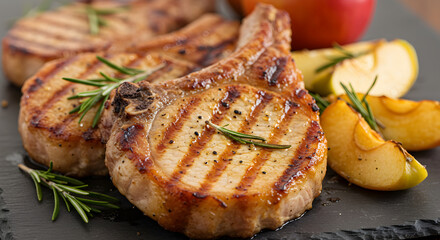 Grilled Pork Chops Served With Apple Slices And Rosemary Sprigs
