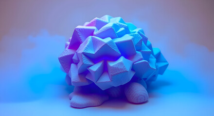 Evolving geometric AI algorithms in electric blue and neon purple.
