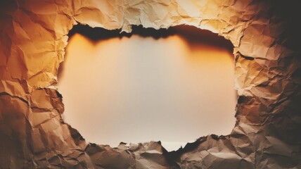 Textured torn paper background with a central irregular hole and warm lighting, surrounded by crumpled edges creating a rustic and dramatic design element perfect for creative projects and artwork