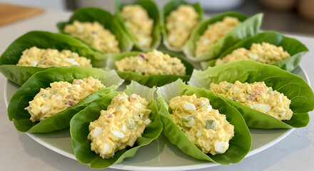 Egg Salad Delightfully Served in Butter Lettuce Cups Appetizing Culinary Presentation