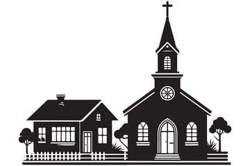 Silhouette of Church Next to House Vector Graphic Illustration
