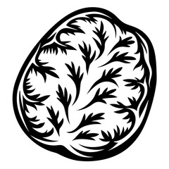 Stylized black and white graphic design of abstract leaves within a circle