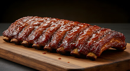 Delicious Barbecue Pork Ribs Glazed With Sauce On Rustic Wooden Board