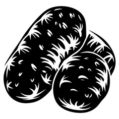 Bold graphic illustration of three potatoes rendered in black and white