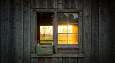 Rustic Barn Window at Sunset Showcasing Serene Countryside View with Vintage Charm