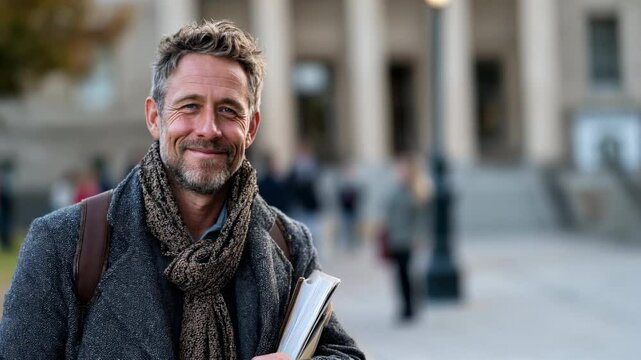 University professor standing confidently in front of a historic academic building, wearing a coat and scarf, holding books, smiling warmly at the camera &ndash; Generative AI
