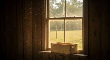 Rustic Window With Wooden Box Bathed in Sunlight in An Old House