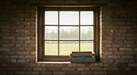 Rustic Window View Of Nature Through Antique Windowframe In Abandoned Brick Wall