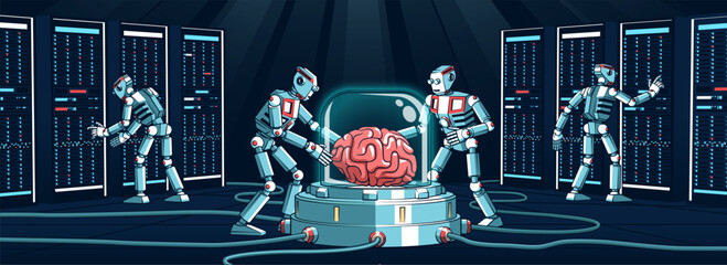 Robots are actively engaged with a glowing brain object while surrounded by data servers in a high-tech data center. Vector retro comics style.
