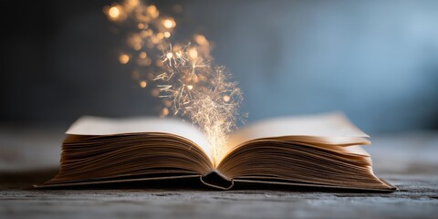 An enchanting image of an open book releasing shimmering sparks and light, representing the magic of storytelling and the power of imagination in literature.