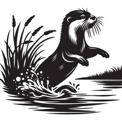 Playful Otter Silhouette Illustration Jumping Into Water Wildlife Design