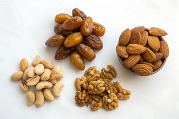 Dates and nuts arranged in small clusters on a plain white backdrop