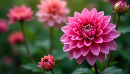 Intricate dahlia blooms, vibrant petals, lush foliage, blossom, illustration, garden