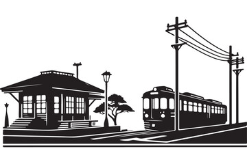 Vintage Train Station Silhouette Transportation Illustration With Train Art