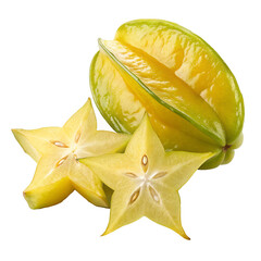 Fototapeta premium Fresh tropical fruit slices of lemon and pineapple on a white background with a starfruit slice