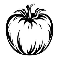Striking black and white tomato illustration with decorative leafy stem design