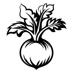 Stylized Black and White Illustration of a Beetroot with Leaves and Roots