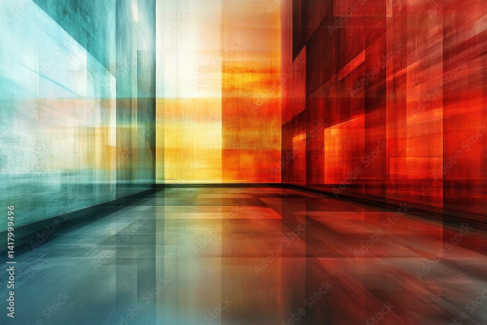 Poster abstract composition with vivid colors and geometric shapes in a modern architectural space