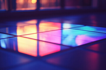 Fototapeta premium Colorful light reflects on the floor, creating vibrant patterns and shapes, illuminating the space in a mesmerizing display of radiant hues.