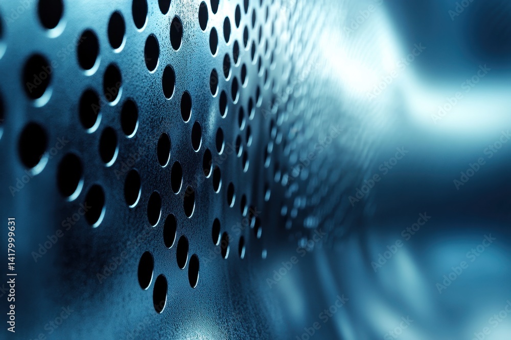 Poster close-up of a metallic surface with perforations, highlighting texture and depth in soft light