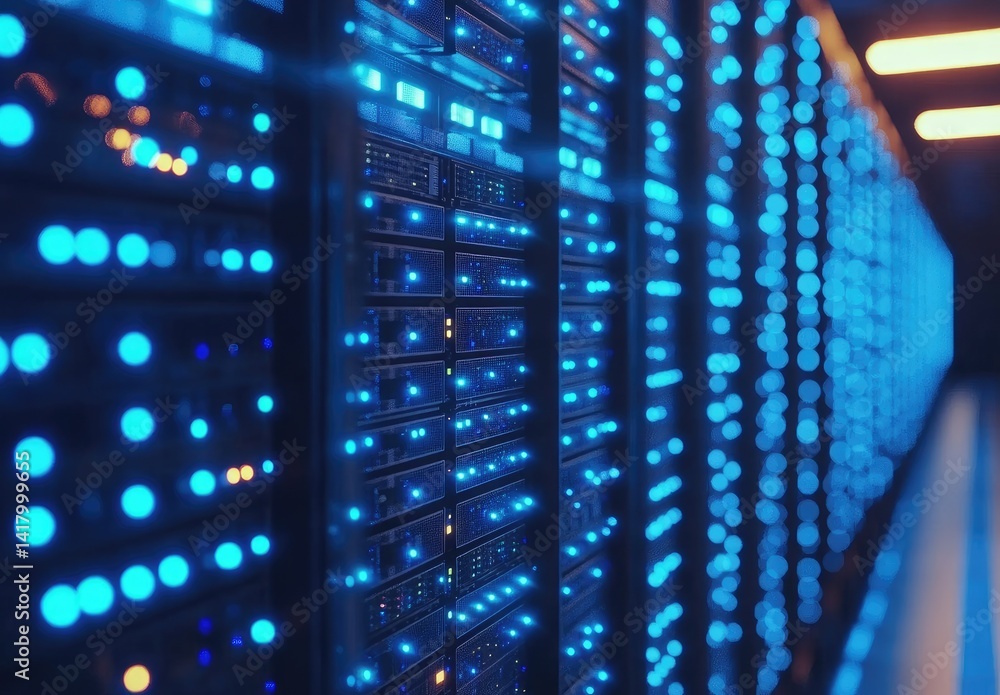 Aufkleber Close-up view of illuminated server racks with vibrant blue lights and soft depth of field. Great for tech infrastructure, cloud computing, and cybersecurity projects