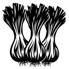 Dramatic black and white vector image of three scallions or green onions