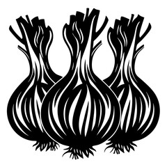 Three stylized black and white onions with stems, a simple vector drawing
