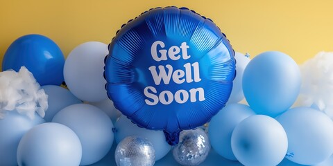 A vibrant blue balloon displaying 'Get Well Soon' sits among pastel balloons, creating a cheerful atmosphere perfect for wishing someone a speedy recovery and good health.