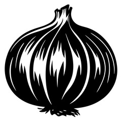 Monochrome illustration of a large onion with layers depicted in silhouette