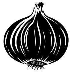 Stylized black and white graphic representation of a bulbous onion vegetable