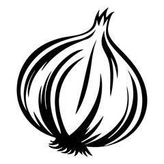 Stylized Black and White Onion Illustration with Bold Graphic Lines and Curves