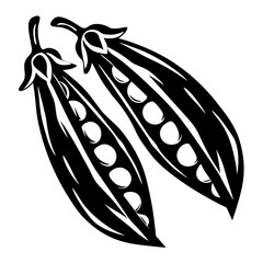 Monochrome Illustration of Two Pea Pods Displaying Seeds Inside a Pod