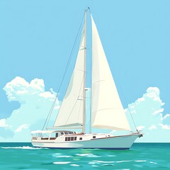 A large white sailboat is sailing on the bright blue ocean
