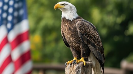 Naklejka premium Majestic Bald Eagle Perched with American Flag: A Symbol of Freedom