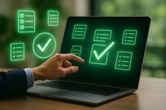 Digital checklist on laptop for task management and productivity efficiency and online survey form design
