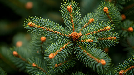 Close-up of a coniferous tree branch the tips of the green needles are highlighted and small brown buds punctuate the b