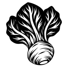 Stylized monochrome vector illustration of turnip or other root vegetable with leaves