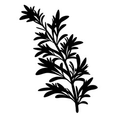 Striking Black Silhouette of a Lush Botanical Rosemary Sprig Illustration