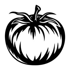 Monochrome tomato illustration with stylized leaf and stem details for art