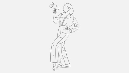 Line drawing vector illustration of a girl wearing a western dress announcing with a hand microphone.