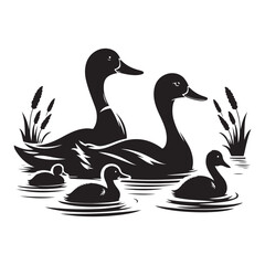 Silhouette of Duck Family Swimming in Water Vector Illustration Design