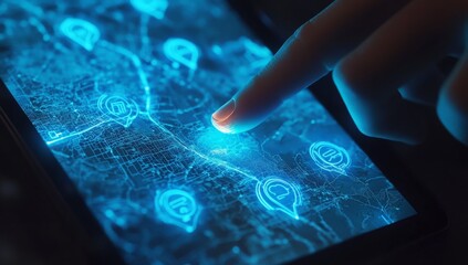 Person interacting with glowing digital map on tablet at night