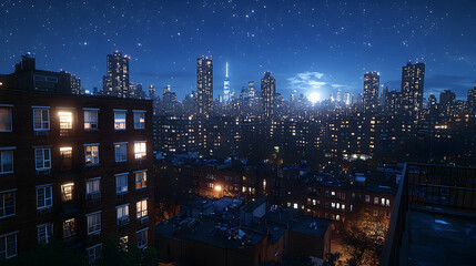 Night cityscape view, illuminated buildings, clear sky, many stars