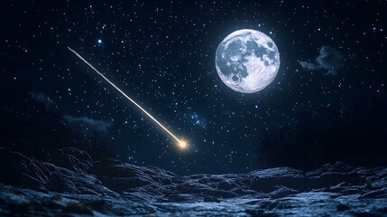 Night sky with moon and shooting star over landscape