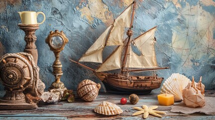 Fototapeta premium Vintage nautical decor with model ship and compass
